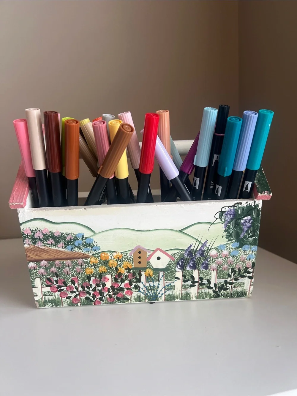 Hand Painted Floral Wooden Decorative Pen & Marker Holder in Multicolor